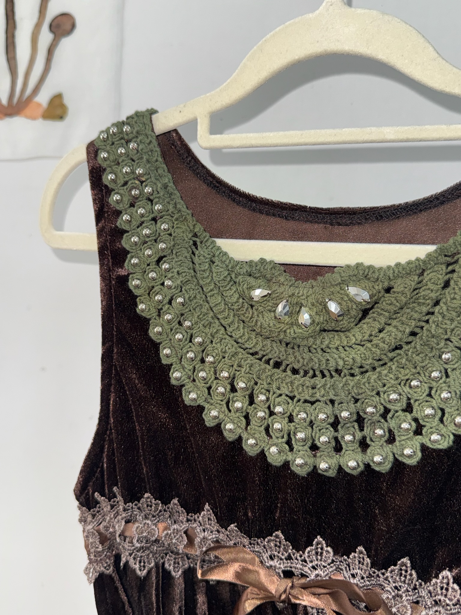Brown Velvet Beaded Neckline Top