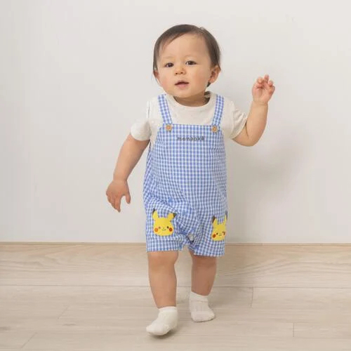 🇯🇵預訂 日本直送🇯🇵Monpoke比卡超刺繡貼花藍色格紋吊帶短袖連身服