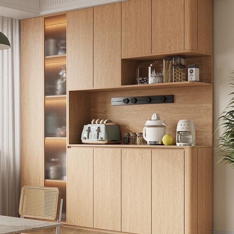 實木橡木圓弧餐邊櫃 靠牆一體儲物櫃 現代簡約客廳家用茶水櫃Storage Cabinet