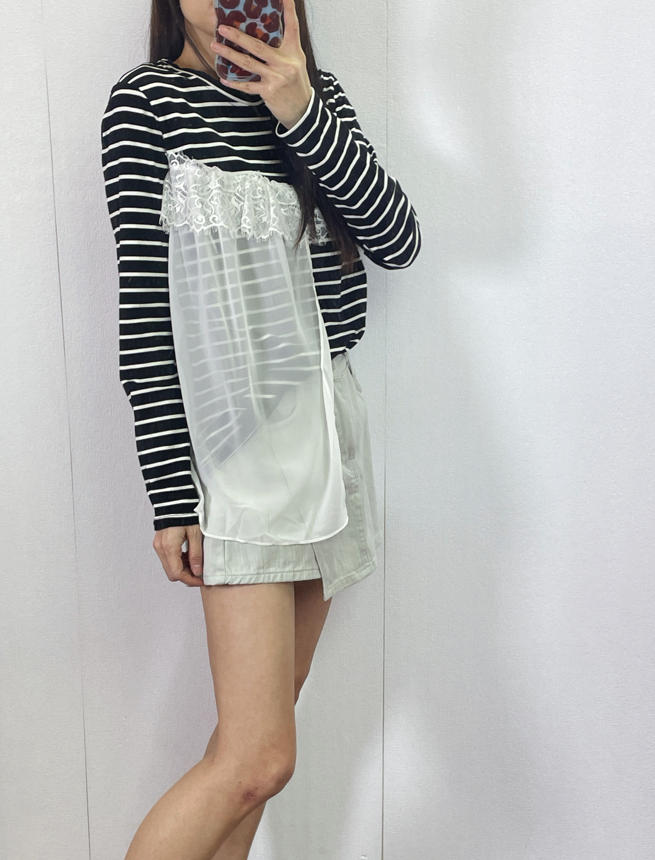 ⭐️Sale⭐️ #10-1187 橫間拼雪紡長袖top