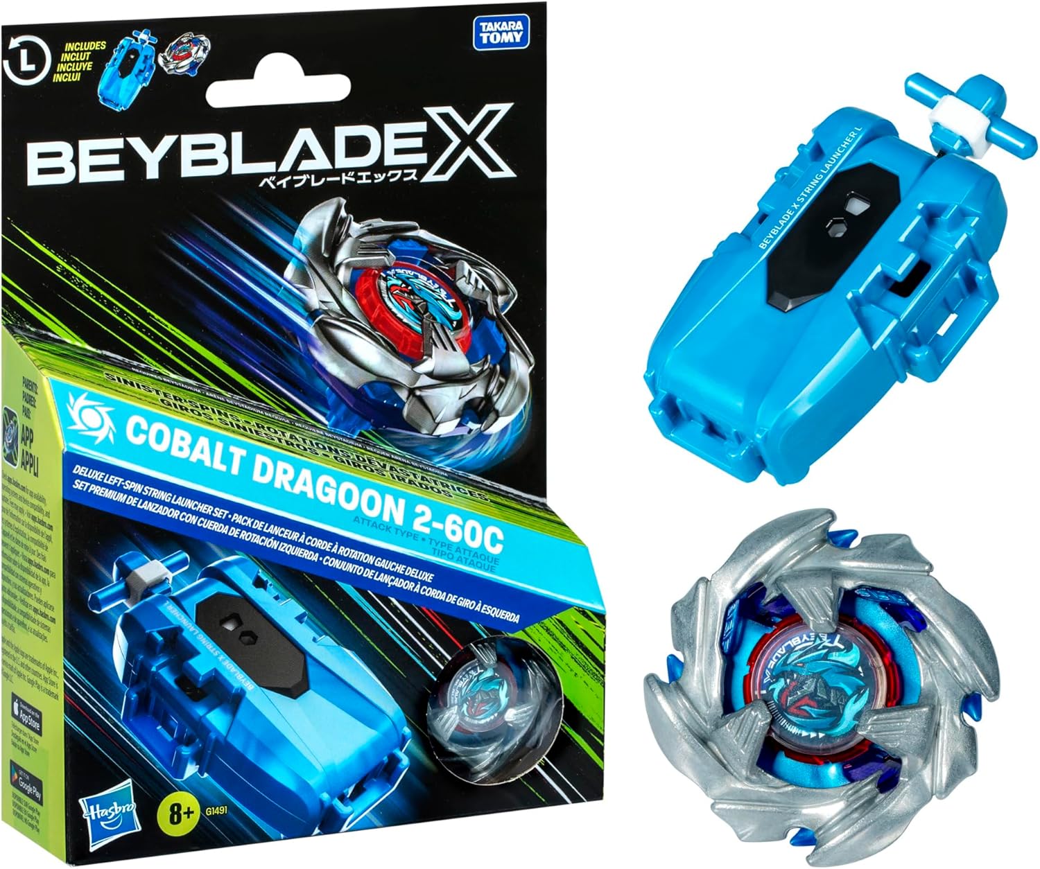 【左迴旋神物】爆旋陀螺X 鈷藍魔龍 Beyblade X Cobalt Dragoon 2-60C Deluxe Left-Spin String Launcher Set - 附強力拉線發射器、專治右迴旋