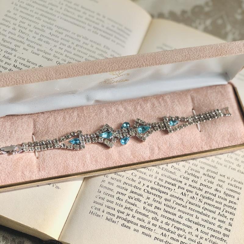 Vintage Mid-century Aqua and Clear Rhinestone Sparkling Evening Bracelet - 7" (MT1963-3)