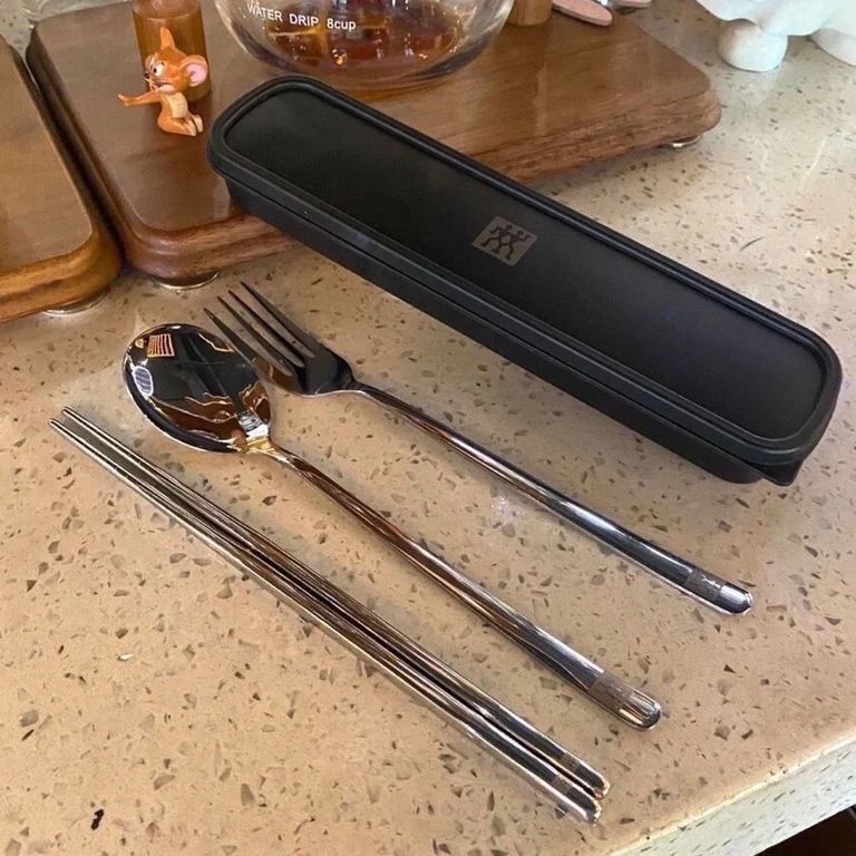 Zwilling 孖人牌便攜三件裝不銹鋼餐具連盒 叉匙羹筷子 -1套 現貨