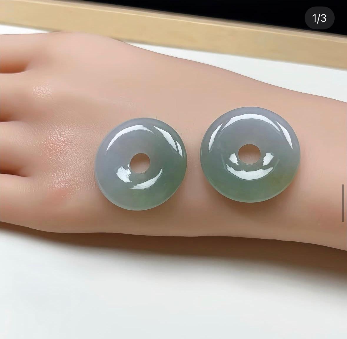 冰油青半山水翡翠平安扣一對