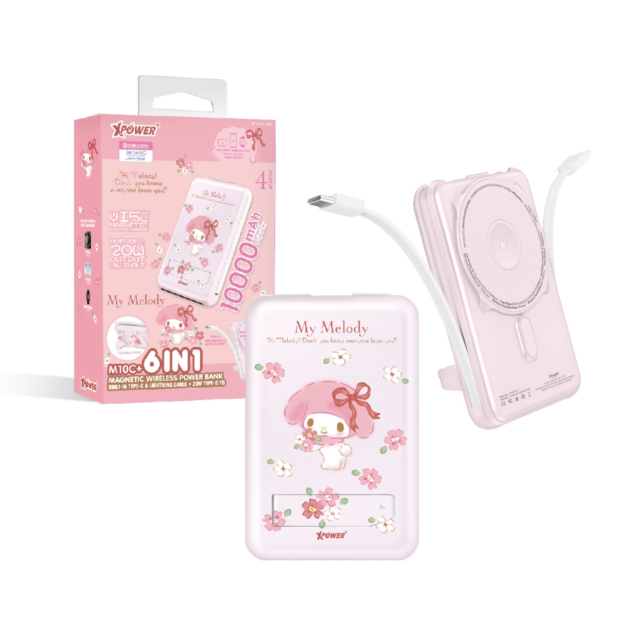 Xpower x Sanrio My Melody M10C+ 6合1 10000mAh多功能迷你20W PD3.0+ 磁吸無線快充移動電源