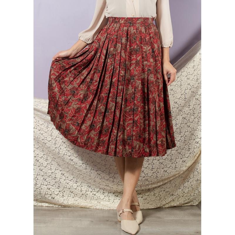 Vintage Japanese Foliage Pattern Pleated Skirt - Waist 26" (MT1606-49)
