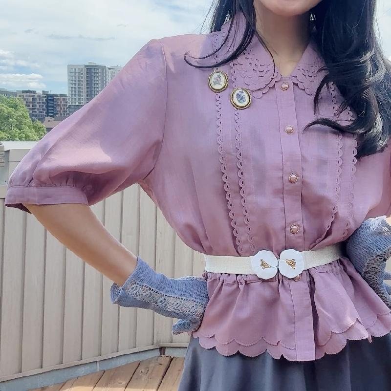 Vintage Japanese Plum Colour Cut-out Pattern Peplum Summer Blouse with Scallop Edge (MT2349)