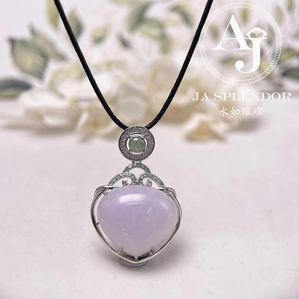 JNS-49 天然翡翠A 冰潤紫羅蘭心心相印綠色頂珠吊墜