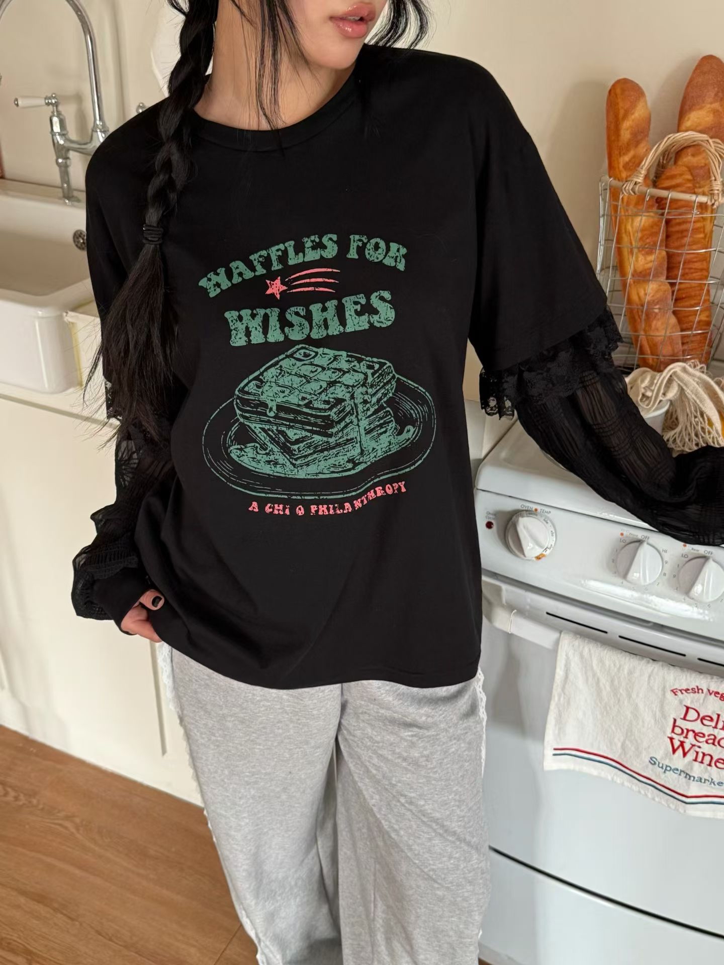 假2 件雪紡lace 袖Top