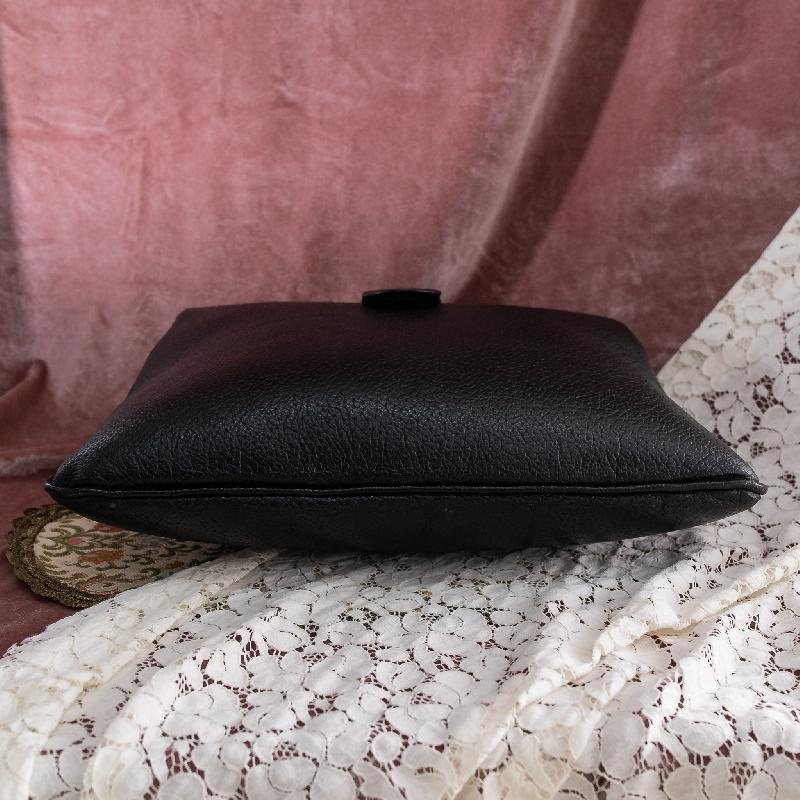 RARE! C.a. 1950s Horn Shaped Hardware Black Faux leather Large Handbag with Dotty Fabric Lining from Germany(NA0636)