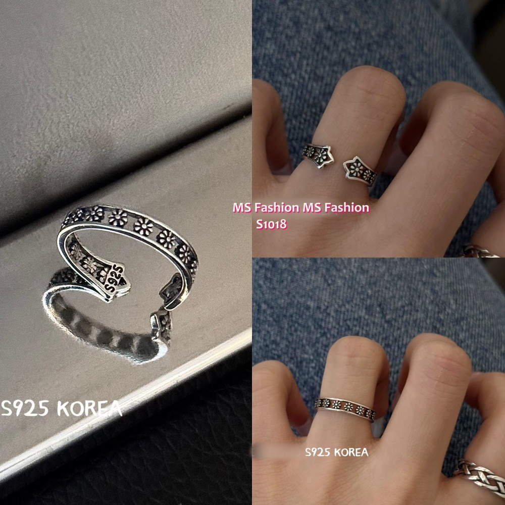 S1018 韓國🇰🇷S925純銀復古花花前開口戒指