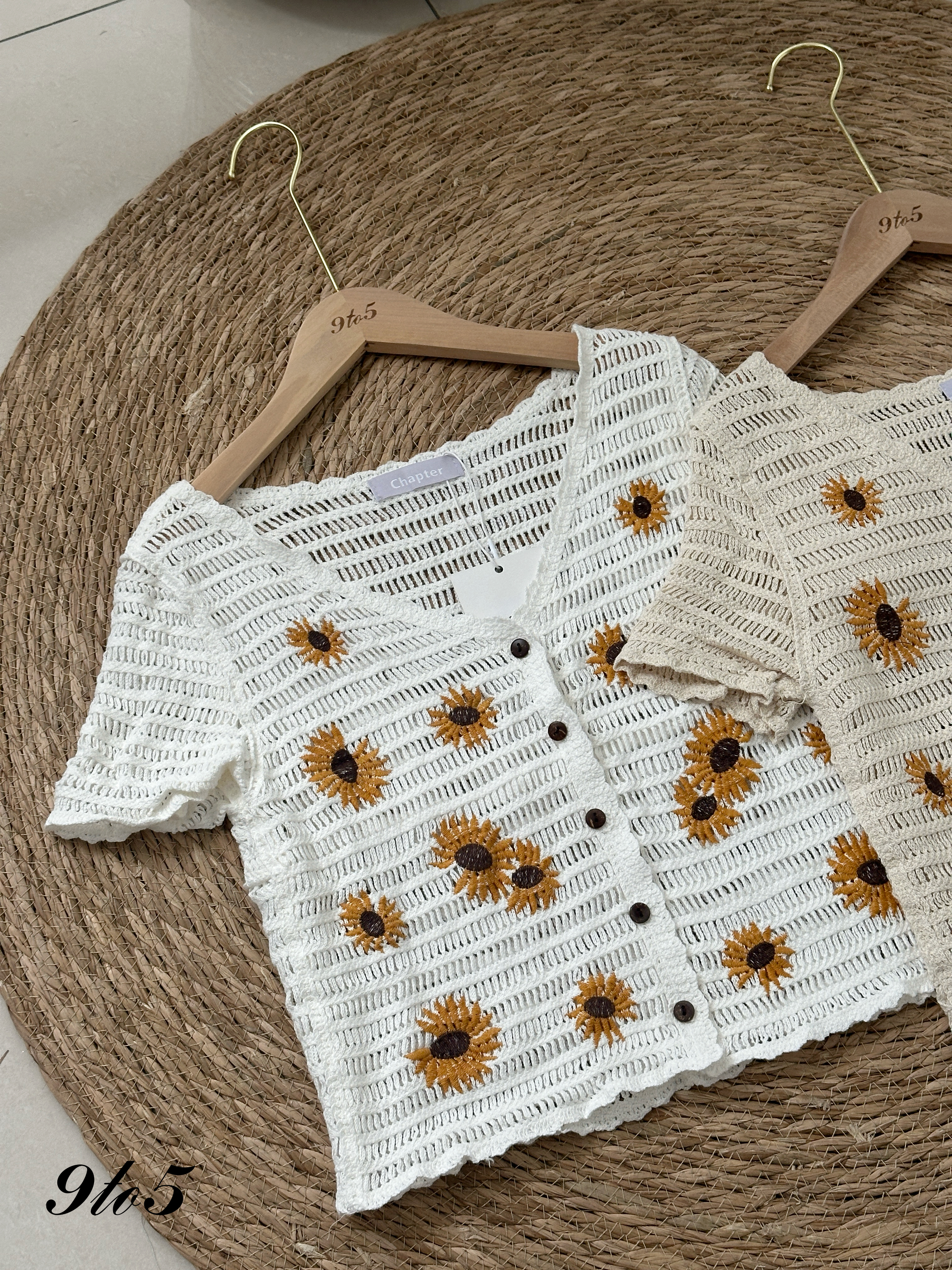 T4212 Sunflower Open-knit Cardigan - Beige & White
