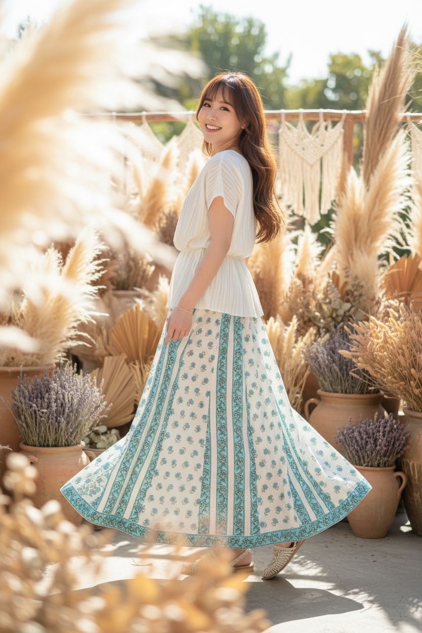 520 White with Green Print Skirt