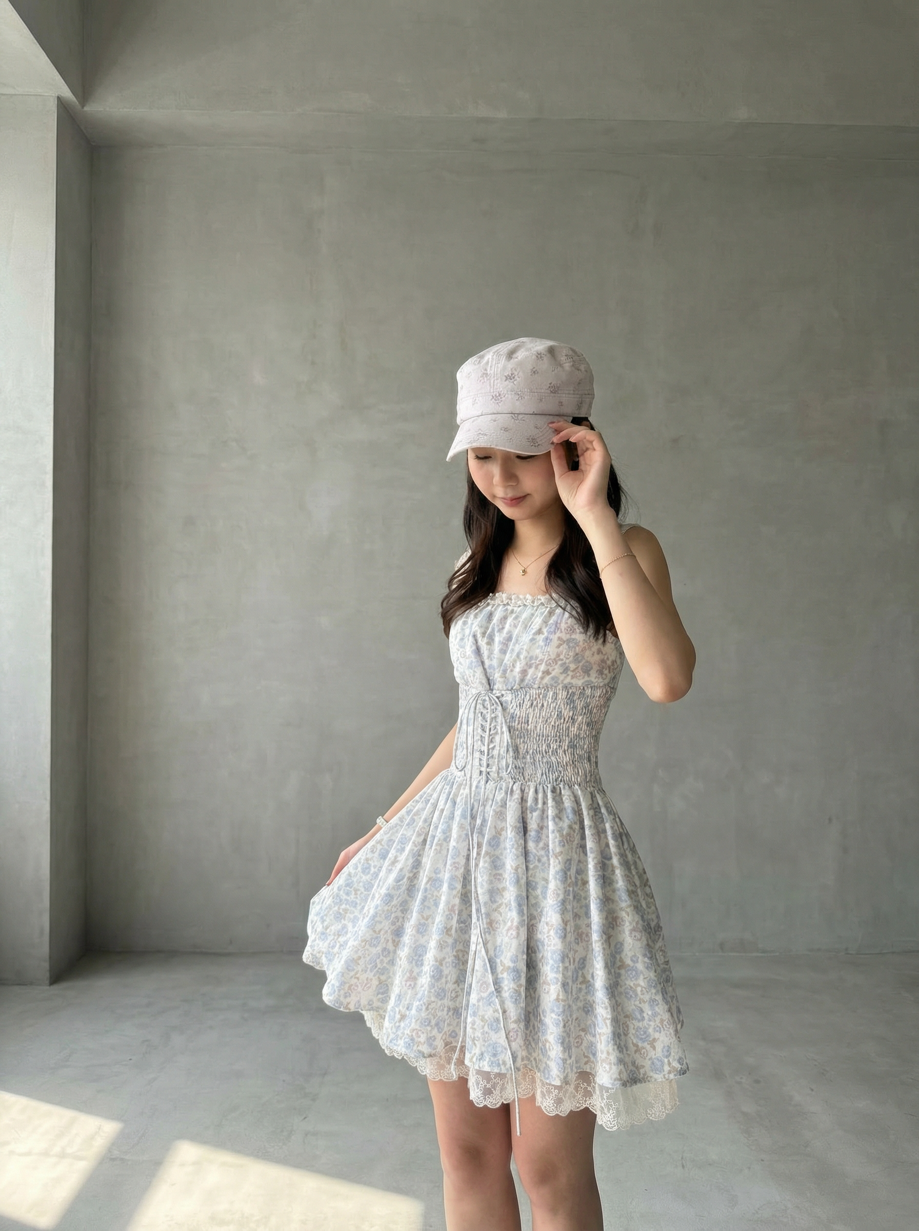 藍色復古碎花蕾收腰連身裙