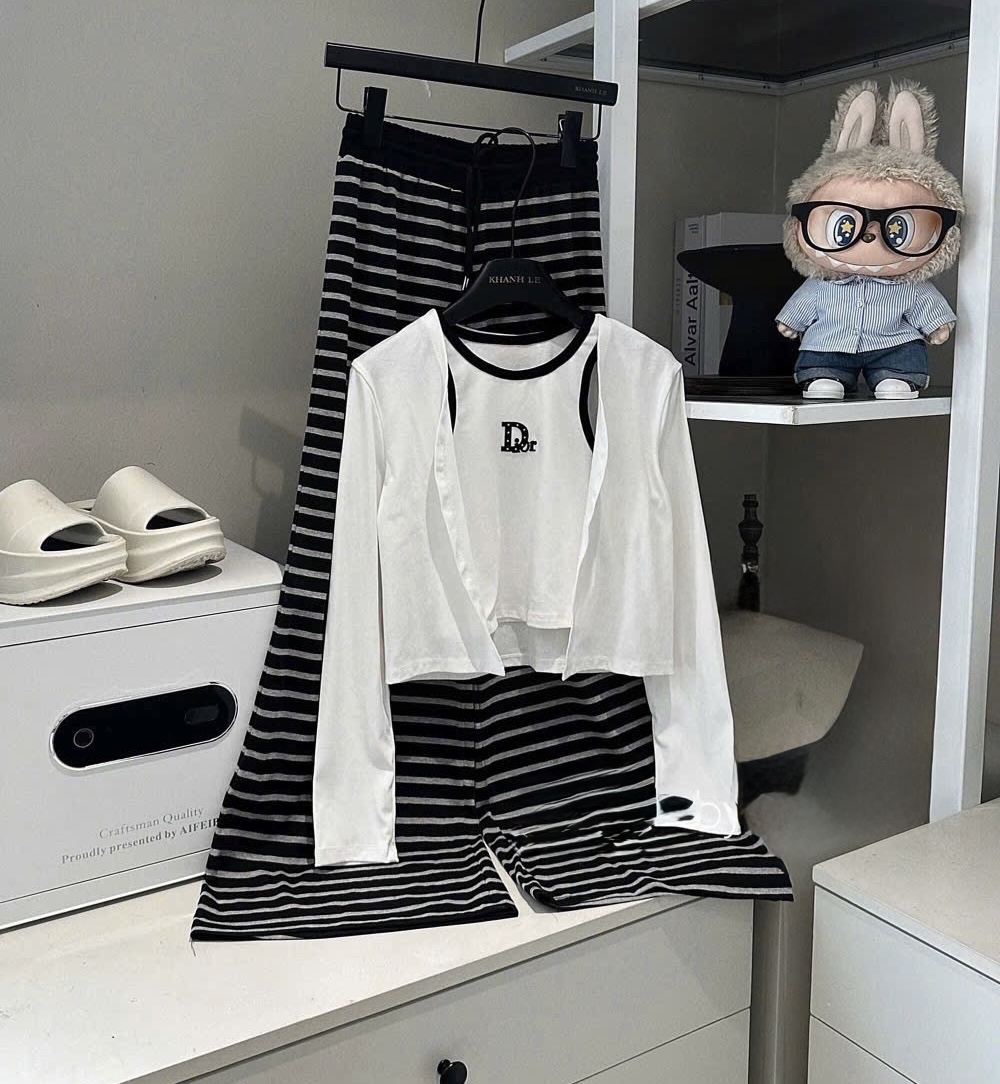 長袖上衣两件套搭配條紋褲 （三件套）