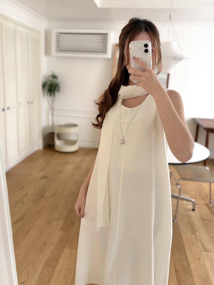 The Flowy Scarf-Detail Dress (Ivory)