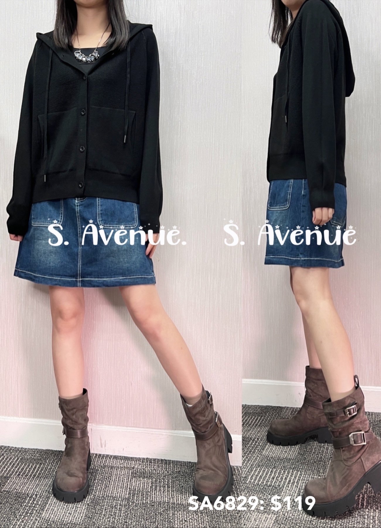 SA6829: 長袖有帽有鈕有袋針織外套