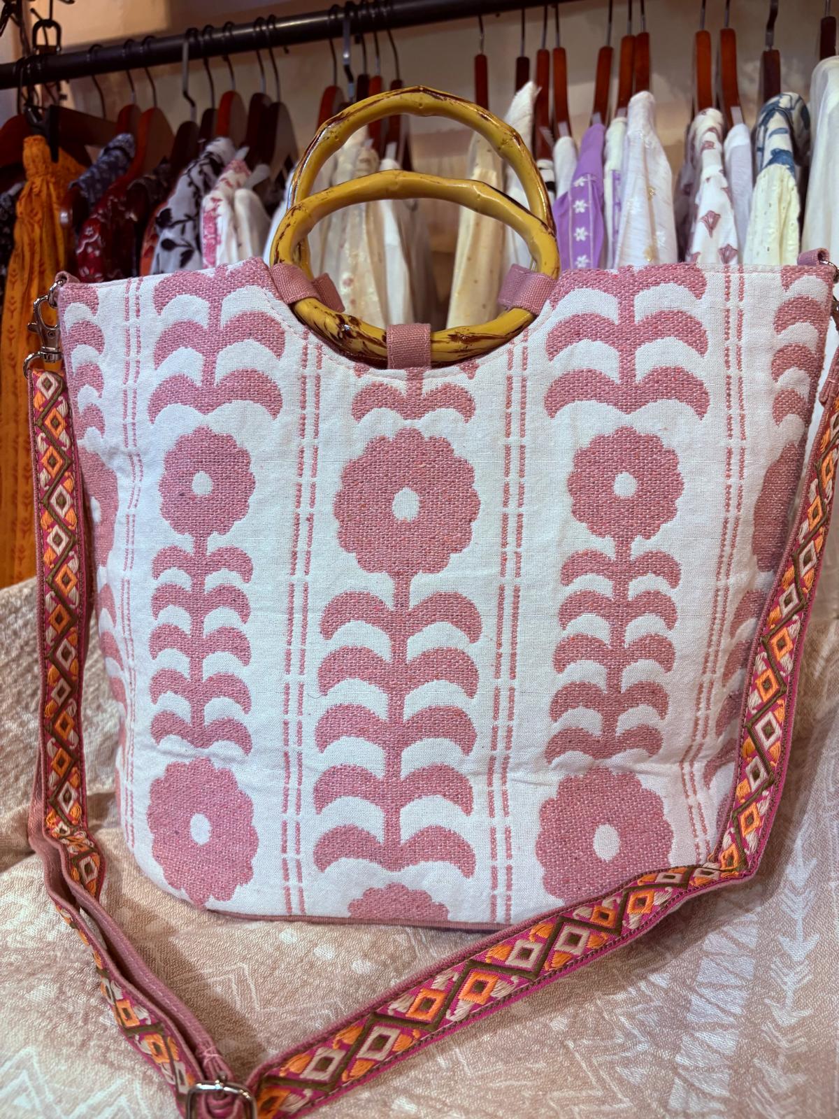 印度製造 - 粉紅色珠片刺繡木手挽袋