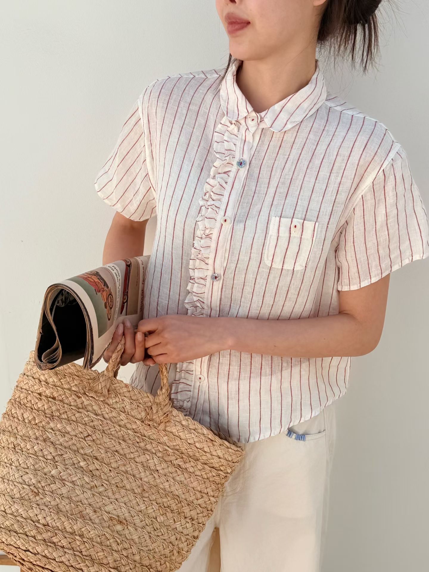 Ruffle details linen shirt