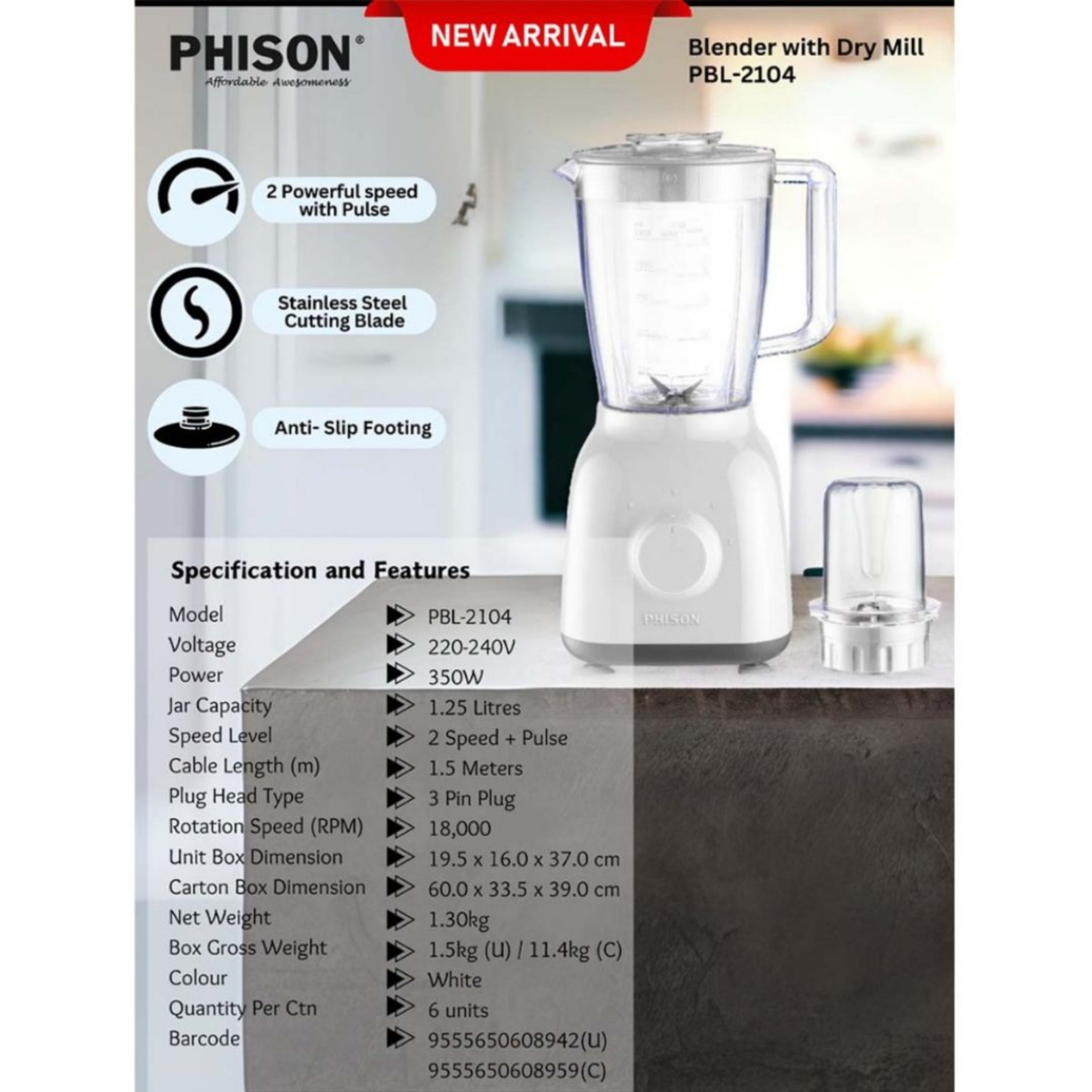 Phison 1.8L Blender with Dry Mill PBL-2041-WH