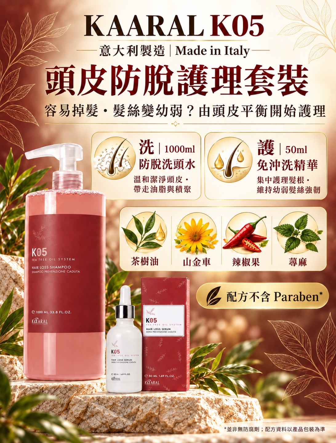 🇮🇹 意大利 Kaaral K05 頭皮防脫護理套裝｜1000ml 洗頭水 + 50ml 精華 (一套包郵 HK$480)✨