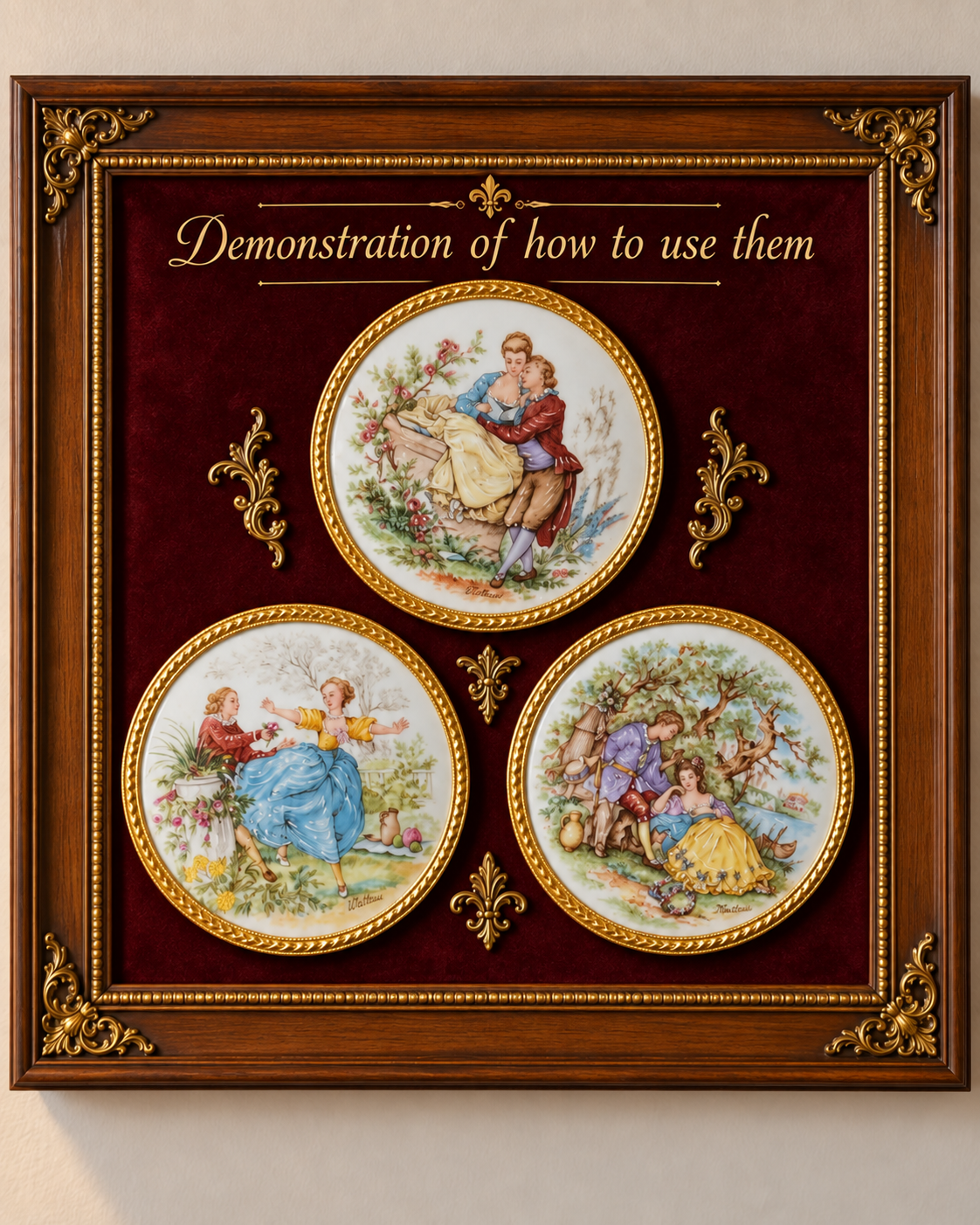 Vintage French Limoges Porcelain Decorative Plaques Rococo courting scenes Gilt metal frames - Set of 3 (MT2632)