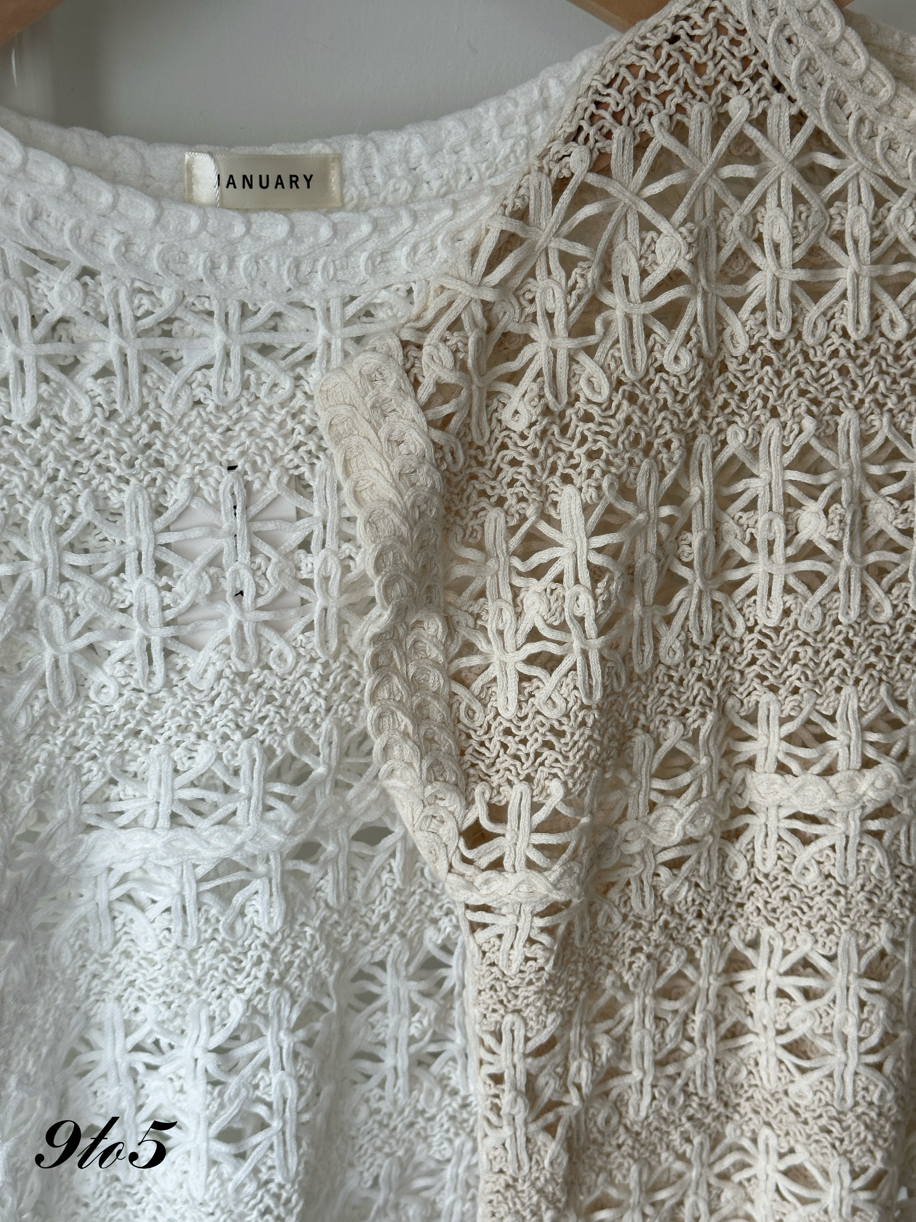 T4221 Cape Sleeve Crochet Top - Beige & White