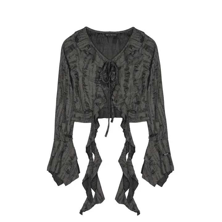 [NICK NICOLE] DISTRESSED RUFFLE TIE CARDIGAN (3款)