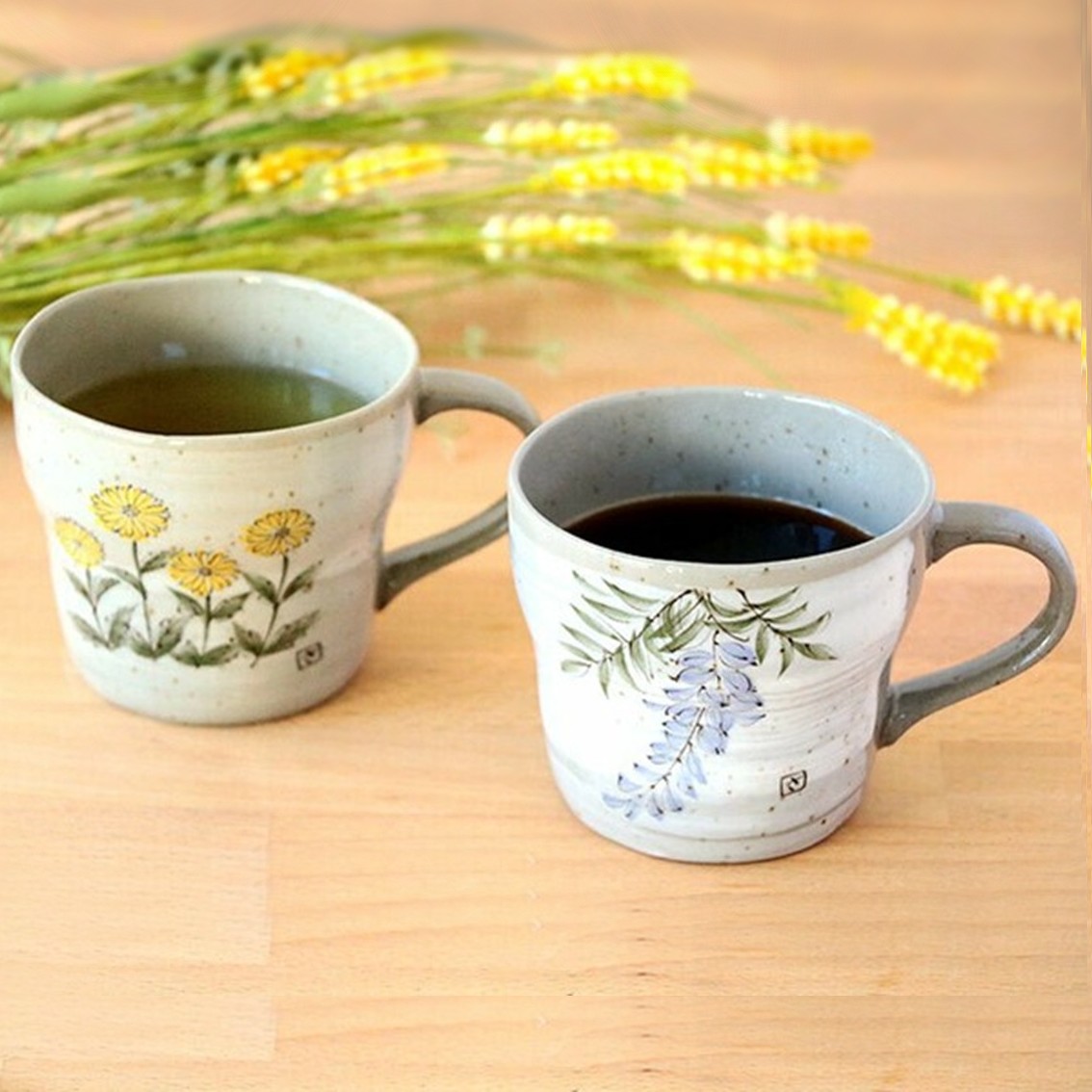 【日本製】美濃燒陶瓷手繪蒲公英+紫藤花馬克杯套裝 (330ml)