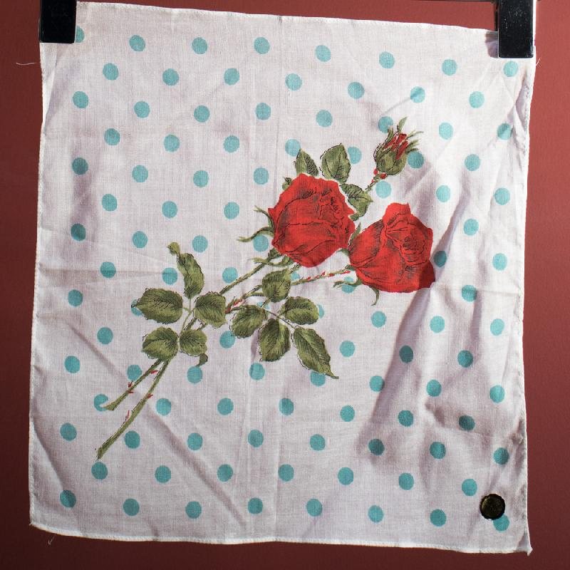 Vintage C.a. 1960s German "Peacock" Rose & Polka Dot Cotton Handkerchief - New Old Stock (EV387)
