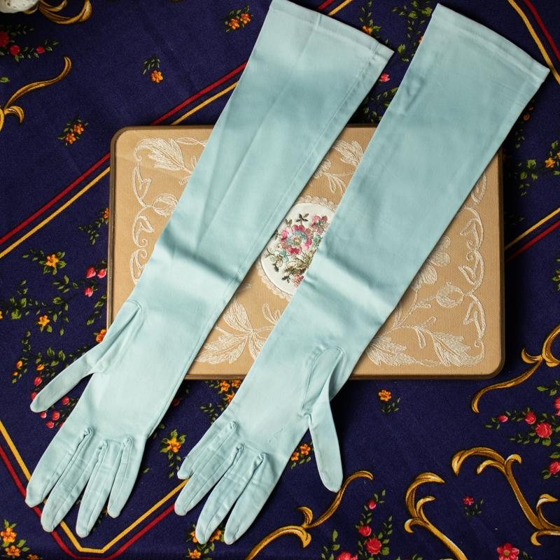 Vintage Made in West Germany Light Blue Opera Length Stretchy Evening Gloves (CE070)
