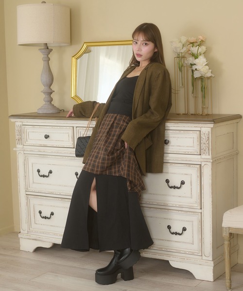 格子雙層開衩喇叭裙