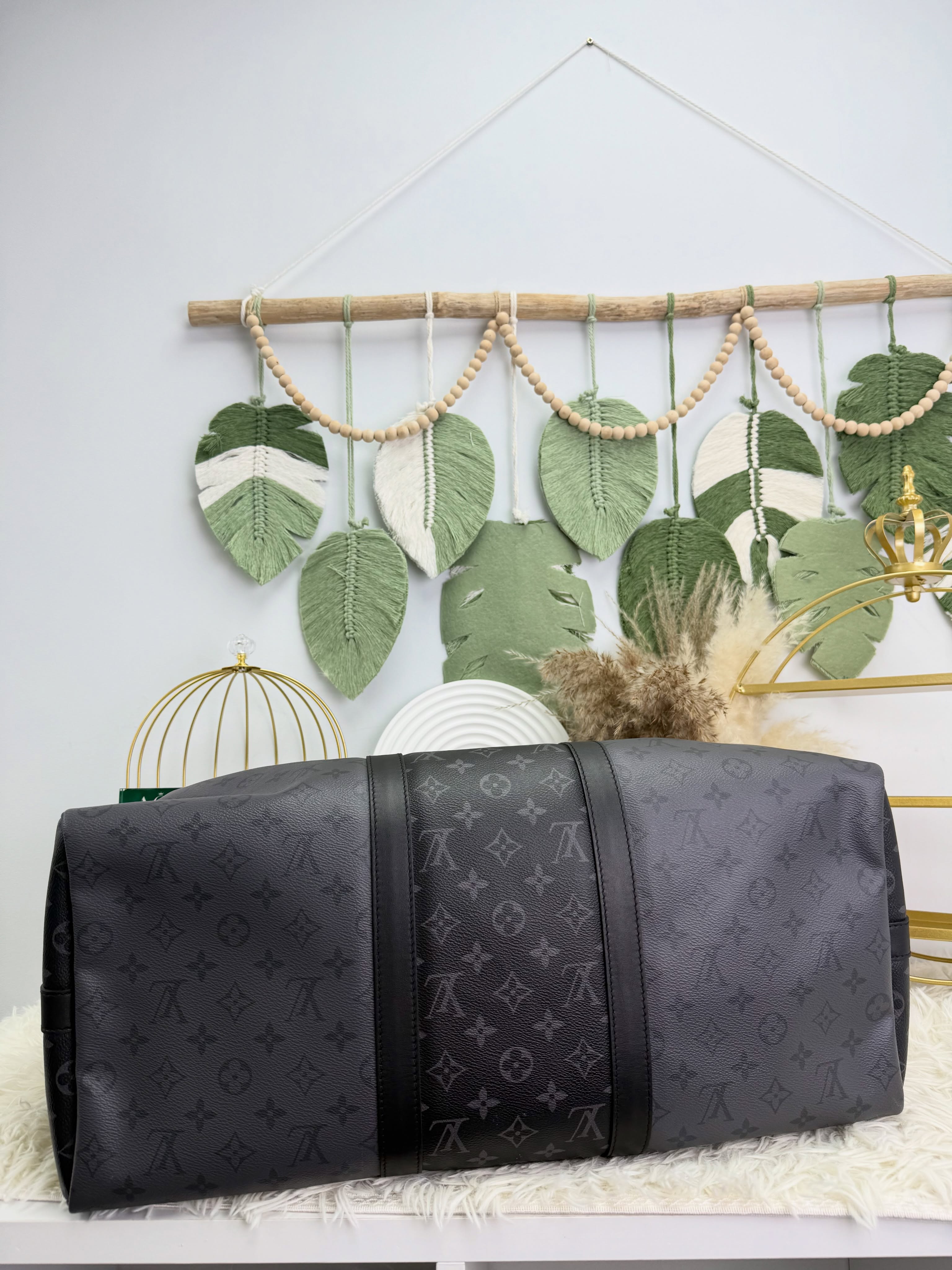 Lv👜 PRE OWNED 🛍️黑灰老花 Keepall Bandoulière 50 旅行袋🖤