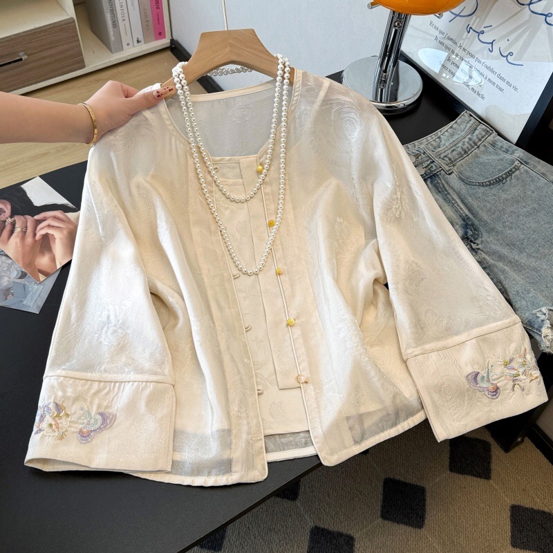 B100(0148外套) 新中式雪纺纱圆领袖边刺绣小花杏开衫上衣