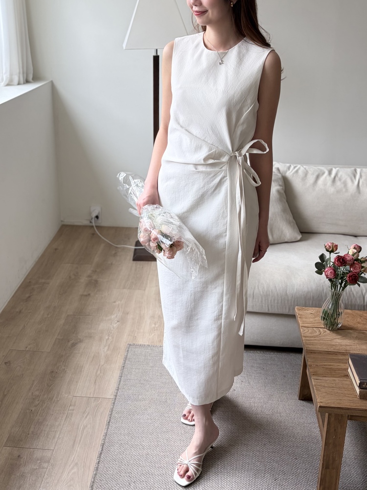 Gathered Waist Tie Dress (Ivory)