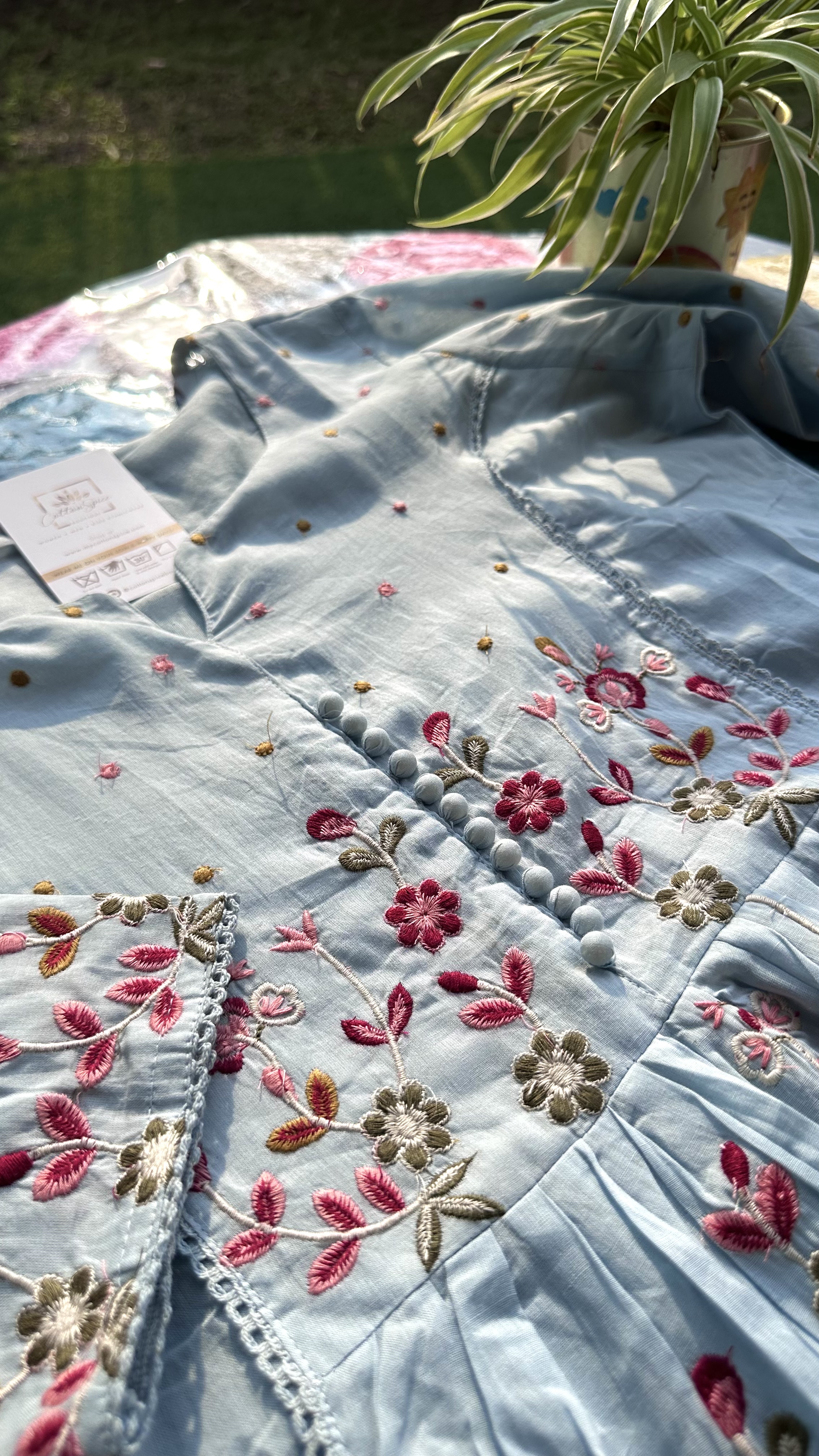 Baby Blue Embroidered Floral Print Kurta Set