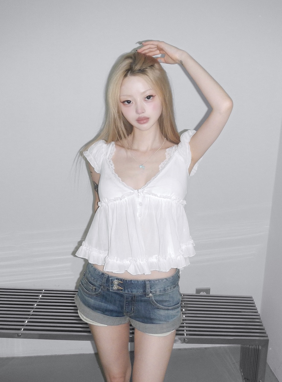 Cuffed Low-Waist Denim Shorts