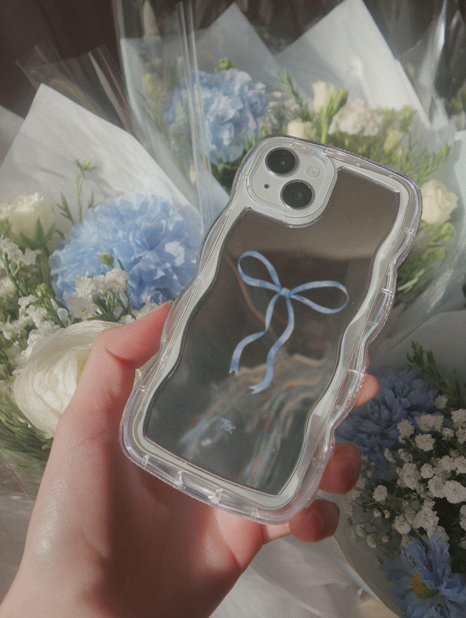 【Silky Blue Ribbon(L)】波浪邊框鏡面 iPhone Case