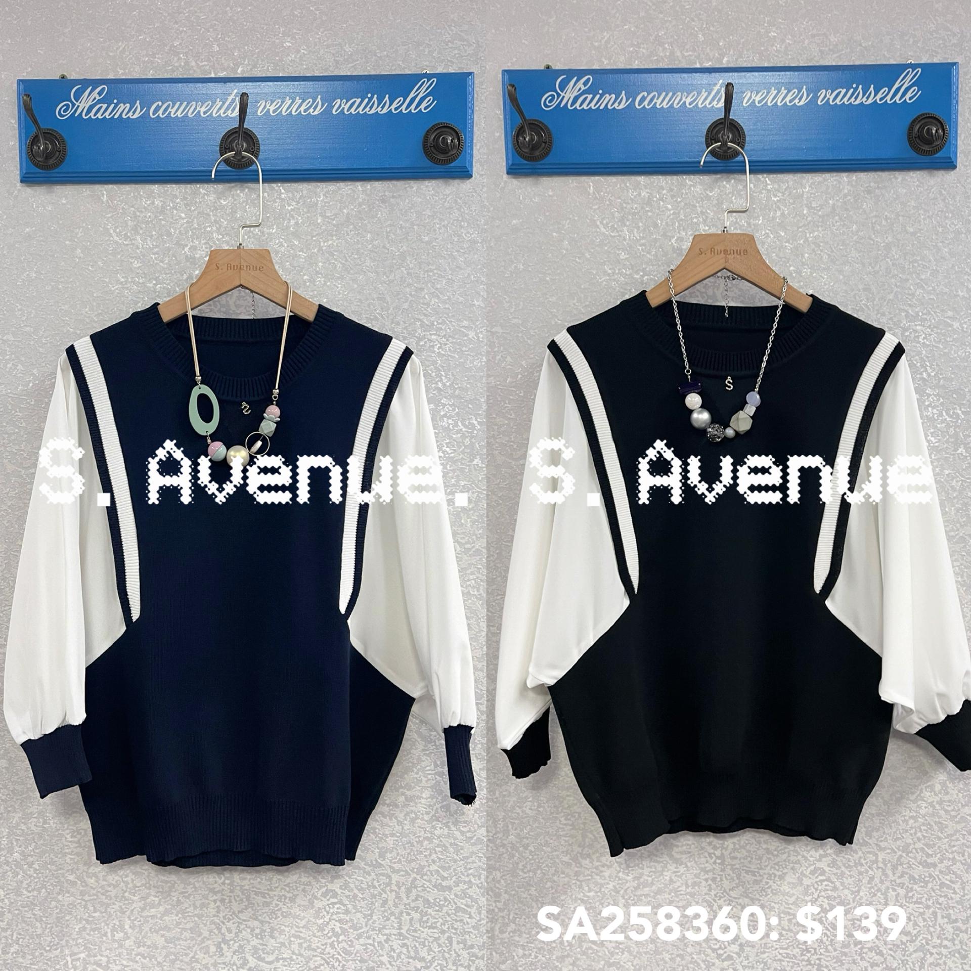 SA258360: 中袖側拼雪紡圓領蝙蝠線top