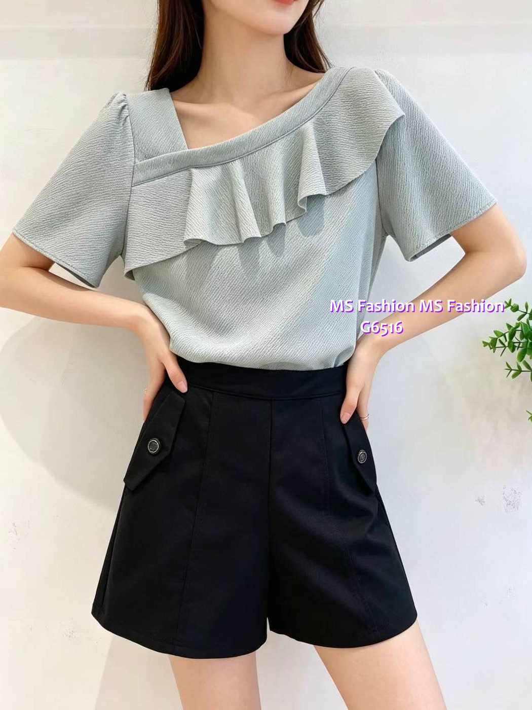 G6516 特色領ruffle top