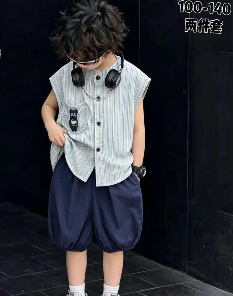 Boy's 2-Piece Striped Sleeveless Shirt and Navy Shorts Set