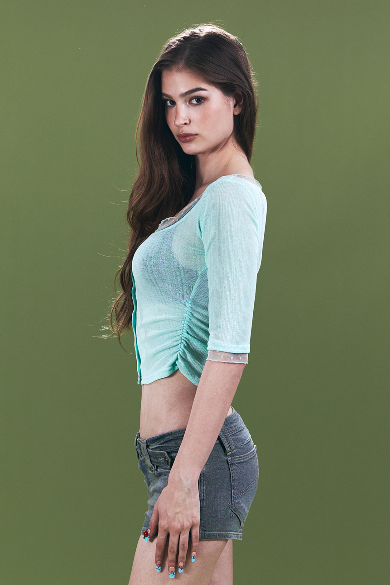 pleaseNOFOLLOW - Suri Lace Button Long Sleeve Top (Mint)