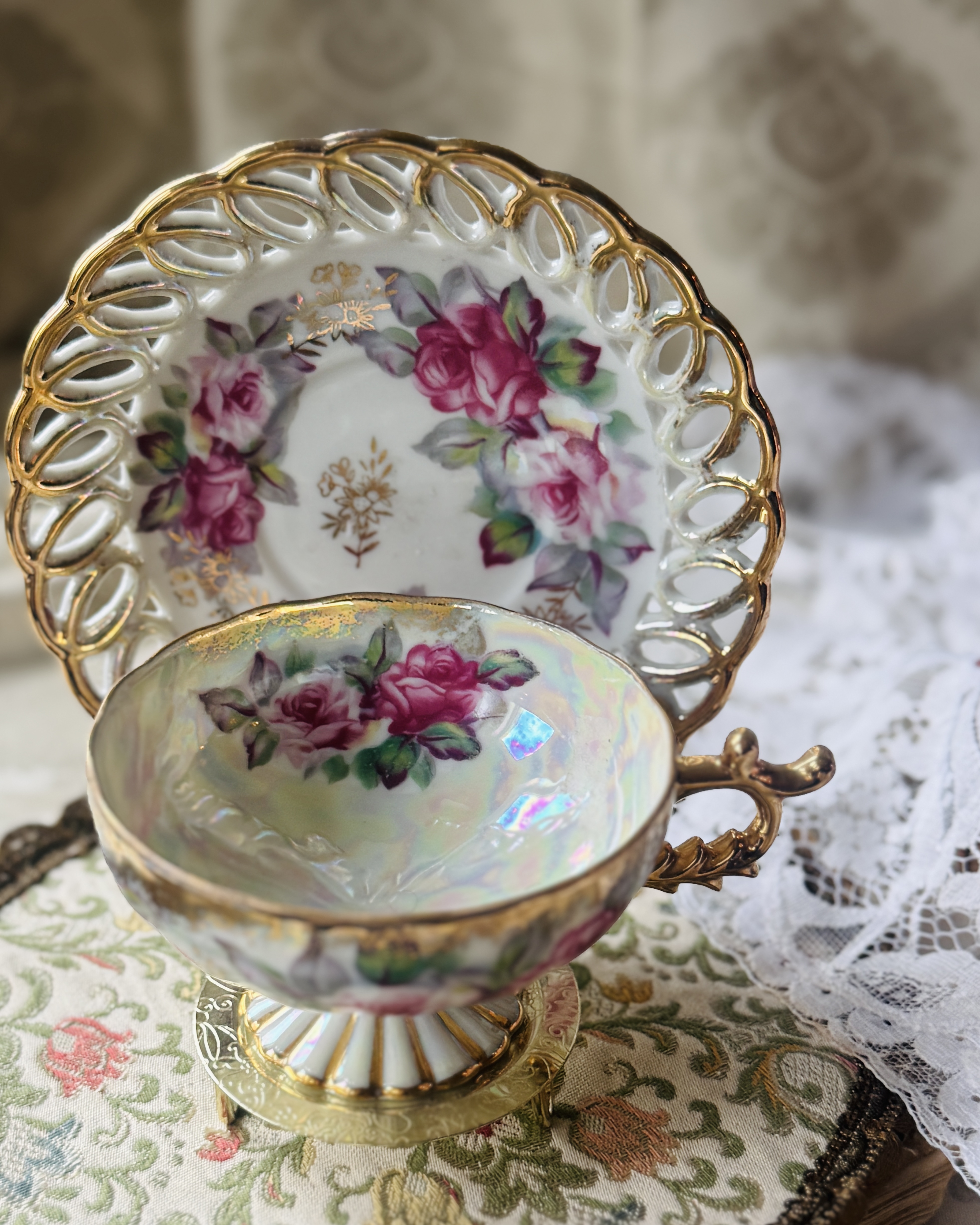 Vintage Mid-Century Castle Japan Floral Iridescent Tea Set Duo (MT2398)