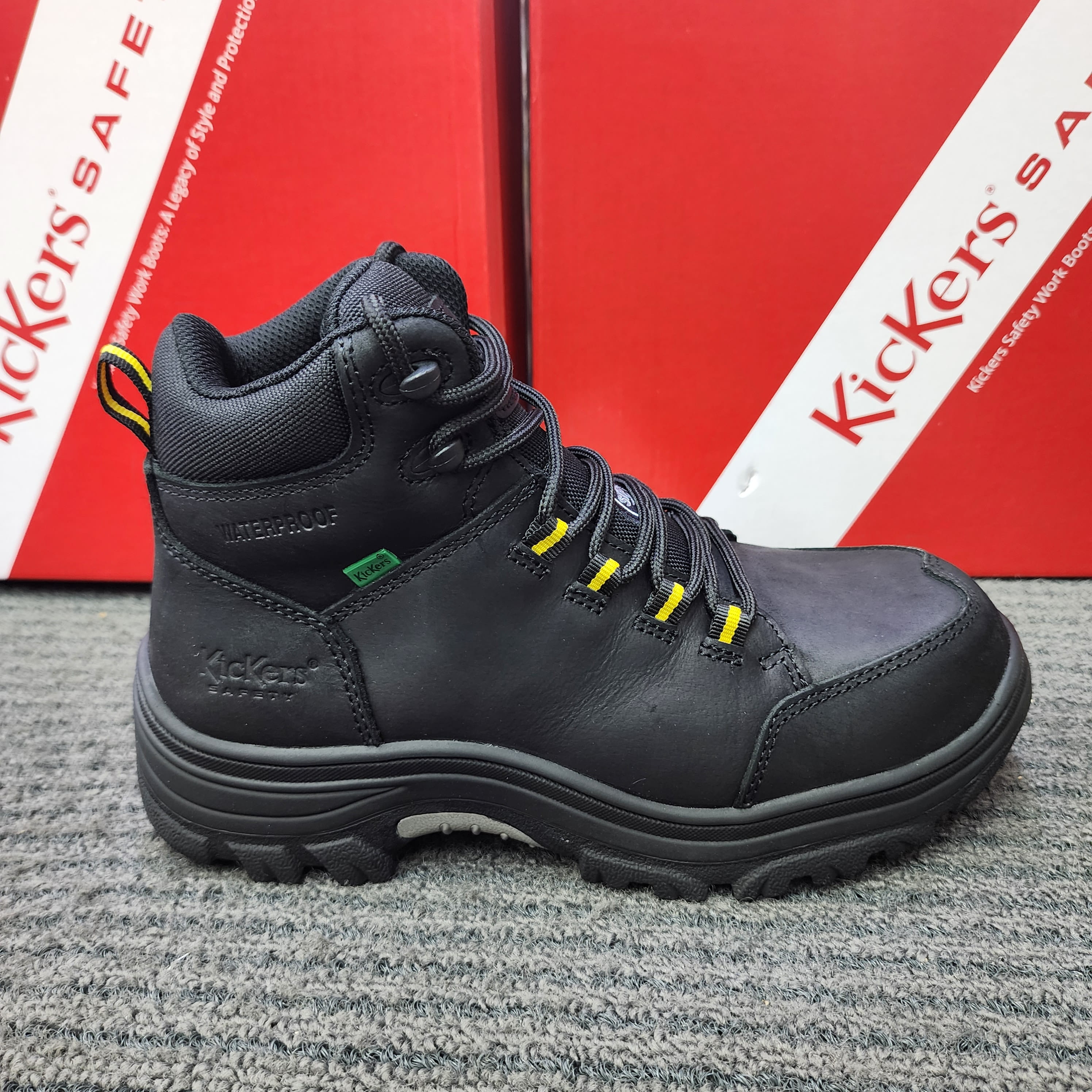 (FREE KICKER'S MINK OIL) KicKers Safety Shoes 1998 Black Brown Mid Cut Lace up Rubber sole Heavy Duty