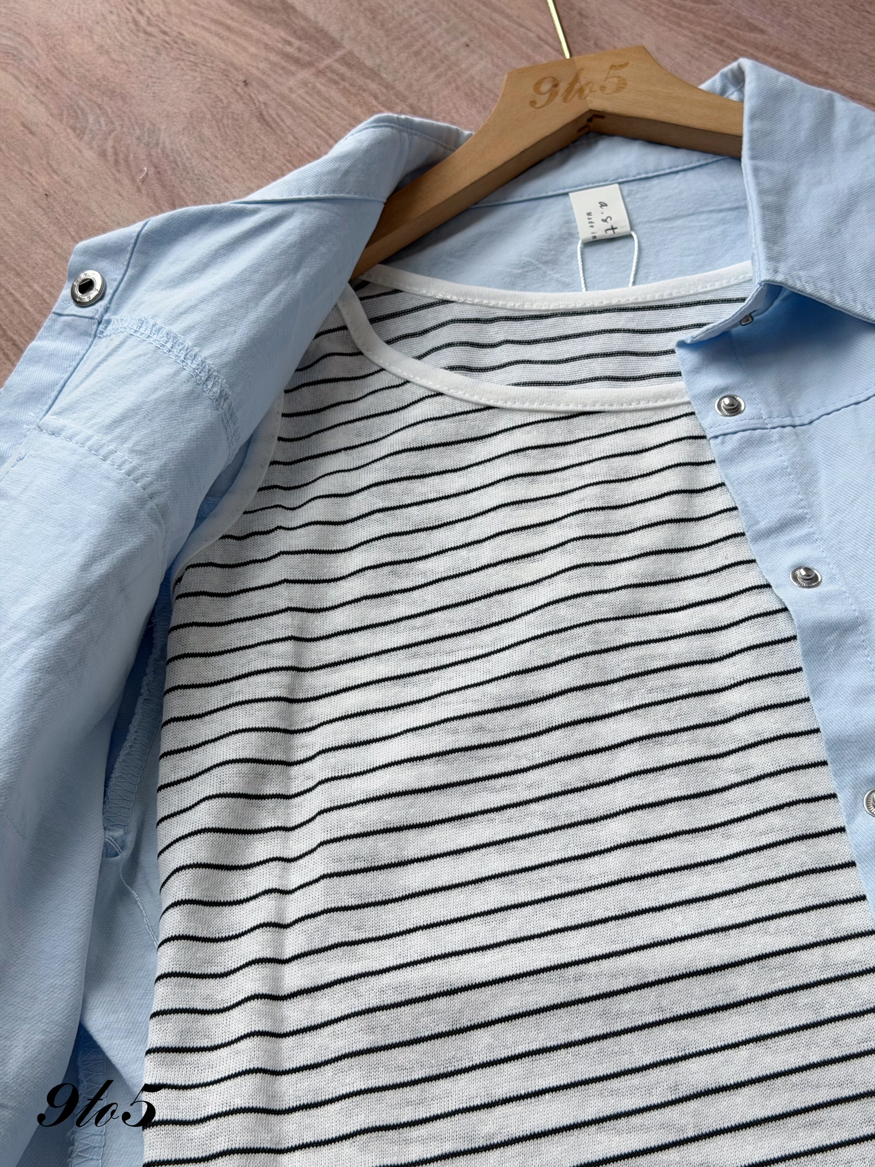 T4498 Stripped Tank Top with Jacket - Beige & Blue