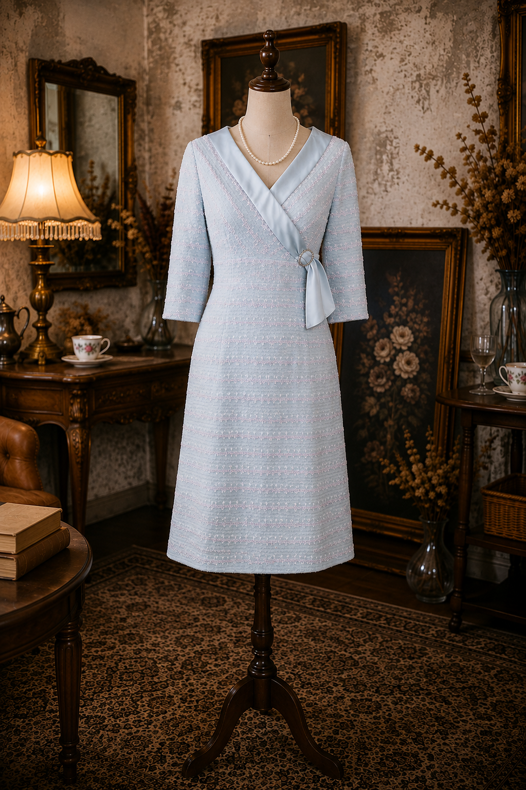 Rare! 1950s Powder Blue Wool Dress with Sparkly Belt Buckle and Satin Trim (MT1938)