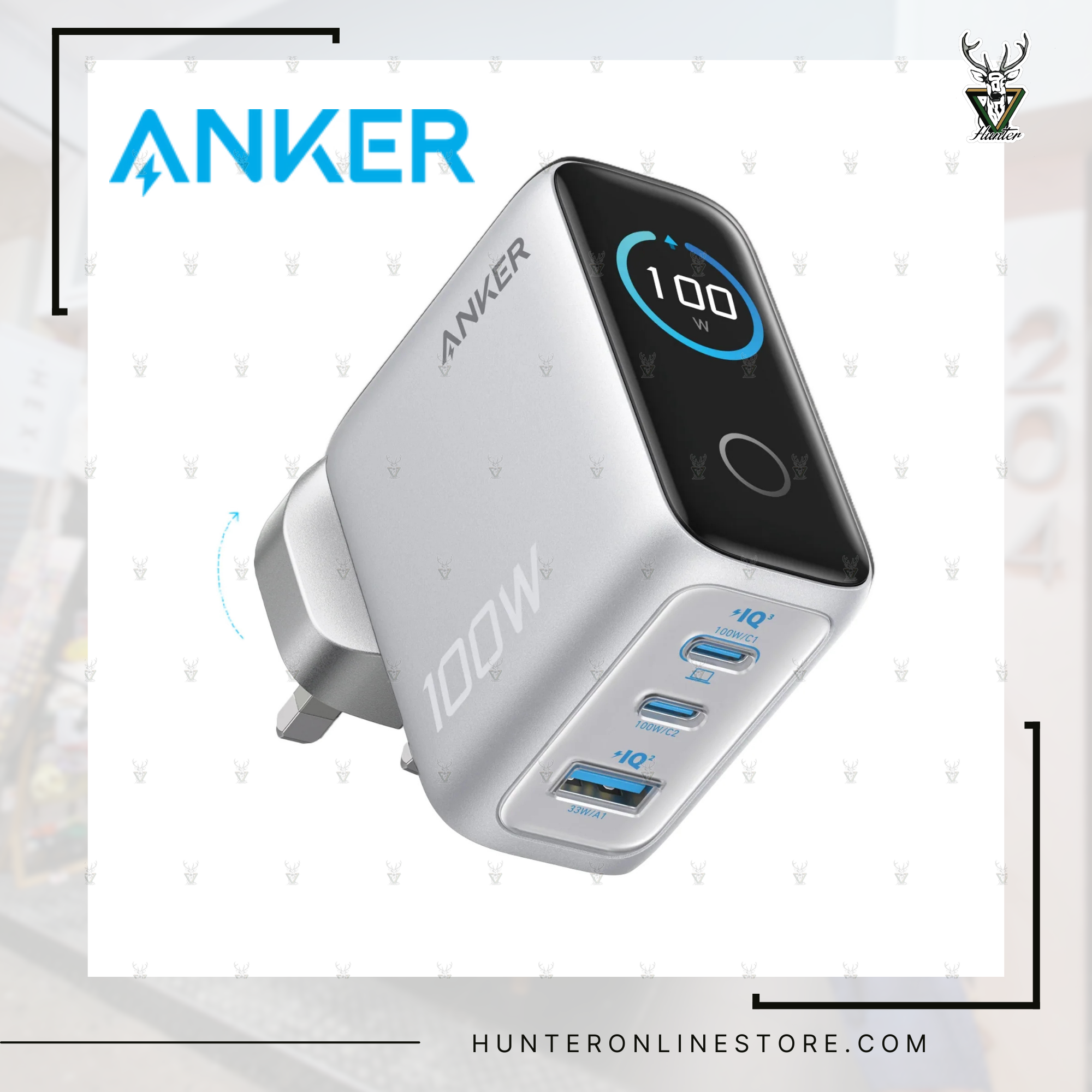 Anker 充電器(100W,3 個端口,智慧顯示器)3輸出牆插充電器連 USB-C 充電線 Charger 100W, 3 Ports, Smart Display 3-Output