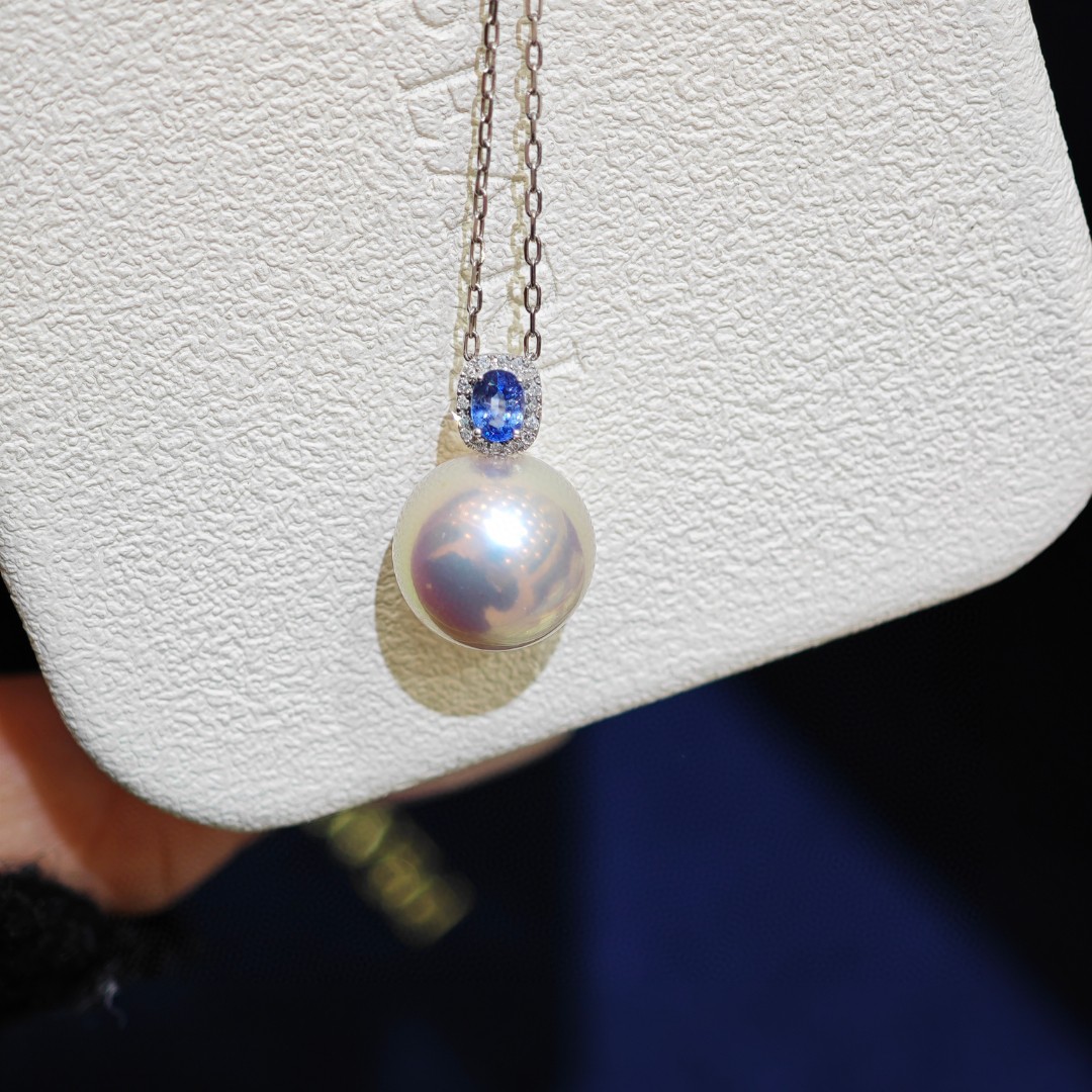 11-12mm正圓無瑕 搭配天然藍寶石 通體18k鑽石