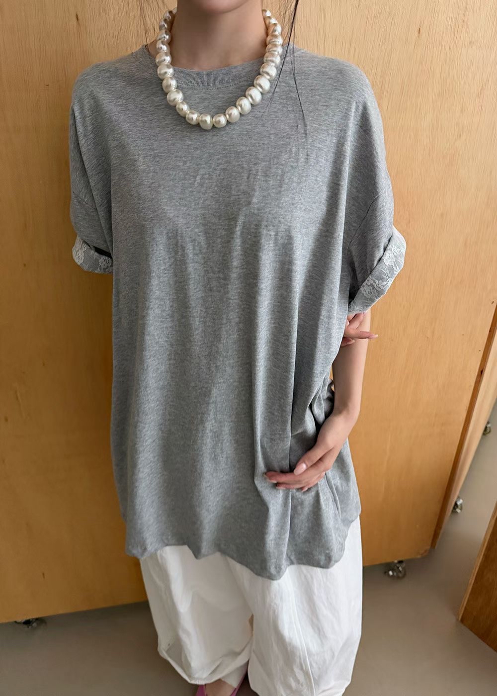 Lace Trim圓領上衣 蕾絲袖口設計 