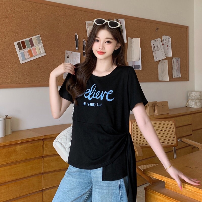 B311(24306) 韩版休闲风BELIEVE腰边穿带显瘦4色上衣